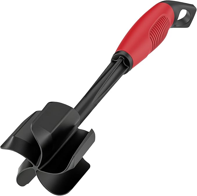 Ourokhome Meat Chopper and Potato Masher, Heat Resistant Nylon Ground Beef Smasher for Hamburger, 5 Curved Blades Nonstick Safe Mixer & Stirrer, Practical Kitchen Gadgets, Black Red