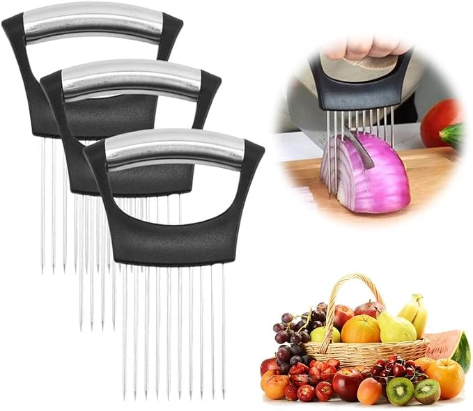 2026 Upgraded Onion Holder for Slicing, New Stainless Steel Onion Slice Holder Lemon Slicer Vegetable Cutter, Kitchen Chopper Slicing Assistant Tool for Meat, Onion, Potato, Tomato (3 Pack)