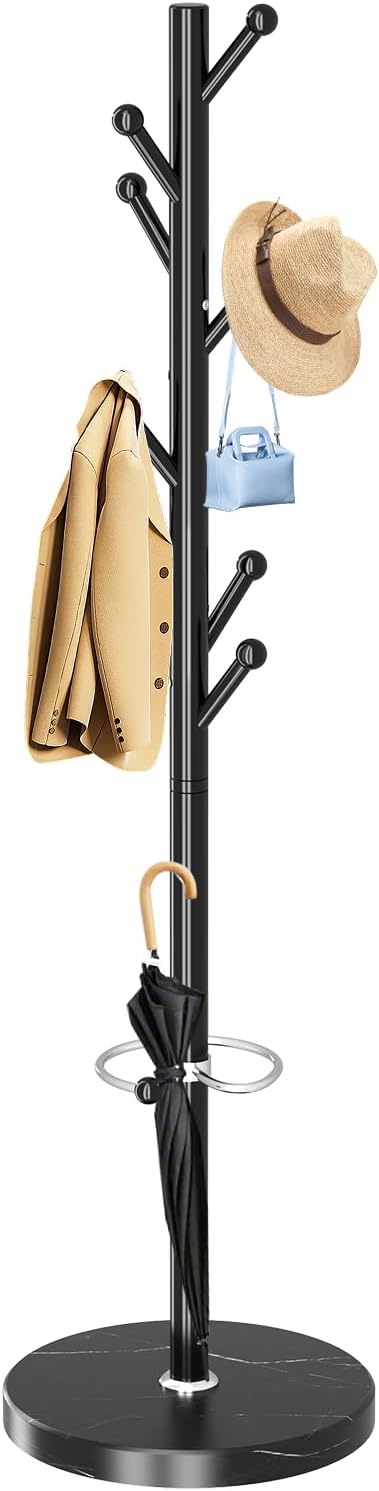 OIRUMIE Coat Rack with Natural Marble Base, Metal Coat Racks Freestanding, Modern Coat Rack Stand with 8 Hooks& Umbrella Holder, Black Coat Clothes Tree Hats Hanger Stand for Entryway, Hallway