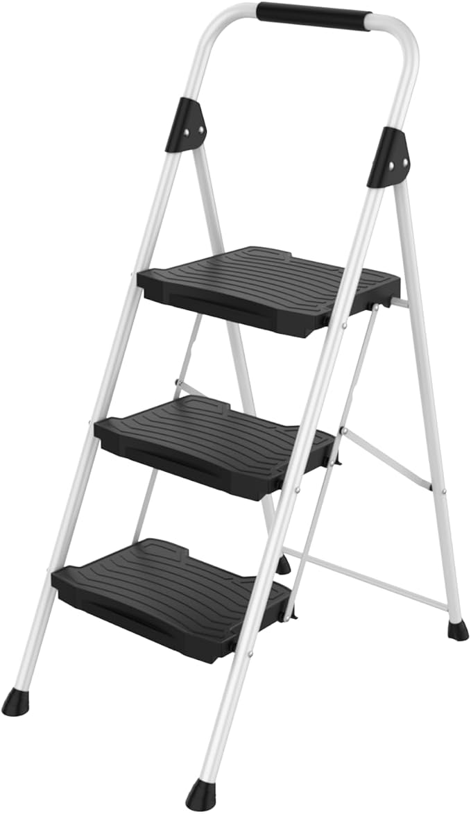 KINGRACK 3 Step Folding Ladder, 900 lbs Load Capacity, Non-Skid Large Pedals, Handrail, Safety Lock, Sturdy Step Stool for Home, Office, Garden, Multi-Purpose, White