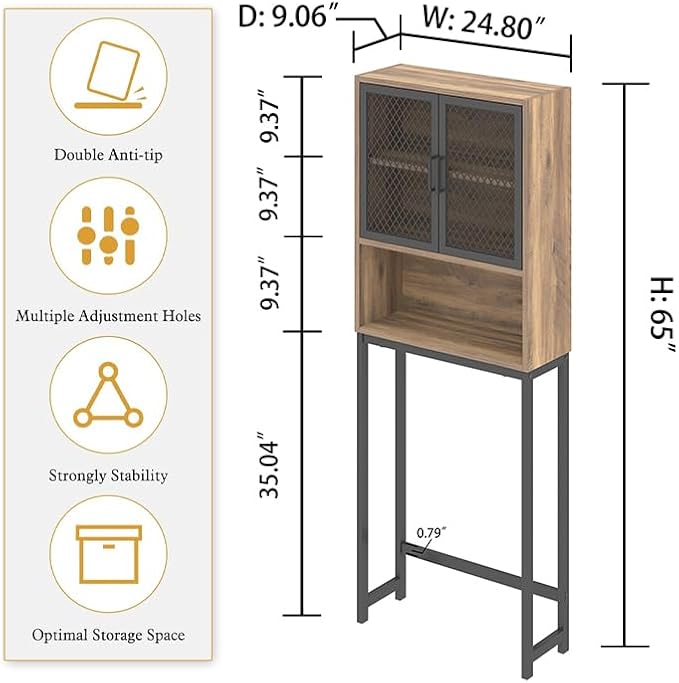 Launica Over the Toilet Storage Cabinet, Over Toilet Bathroom Organizer with Mesh Doors and Shelves, Freestanding Bathroom Storage Cabinet Above Toilet, Wood and Metal, Rustic Oak