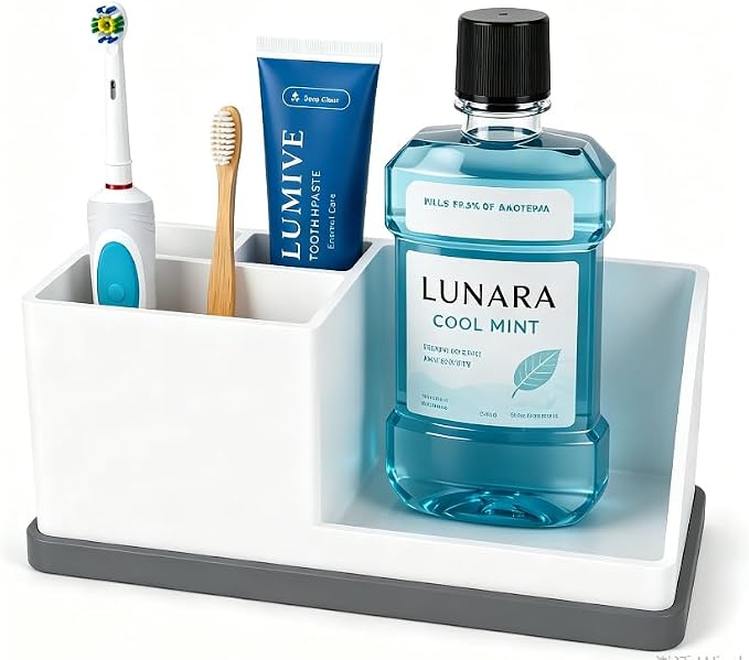Bathroom Toothbrush Holders, 4 Slots Silicone Counter Organizer Storage with White-Grey, Detachable Anti-Slip Vanity Organizer for Electric Toothbrush, Toothpaste & Phone