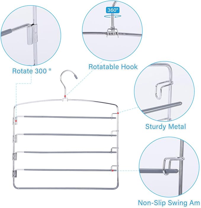 FeeraHozer Pants Hangers Space Saving 3 Pack No Slip 5 Layers Multi Functional Pants Rack Stainless Steel Swing Arm Space Saver Hanger for Trousers Jeans Towels Scarf （Grey）