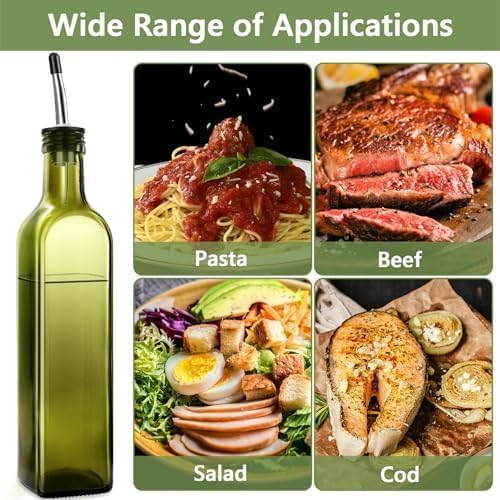 Leaflai Olive Oil Dispenser Bottle, 1 Pcs Green Glass Olive Oil Dispenser and Vinegar Dispenser Set with 2 Stainless Steel Pourers, 2Labels,1 Brush and 1 Funnel Oil Bottles for Kitchen, 17 oz(500ml)