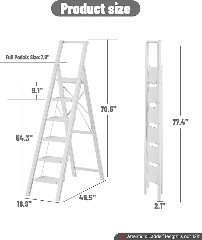 SOLADDER 6 Step Ladder, Folding Step Stool with Handgrip and Anti-Slip Wide Pedal, Portable Lightweight Aluminum Stepladder for Kitchen, Home, Library, Office (300 lbs Capacity) - White