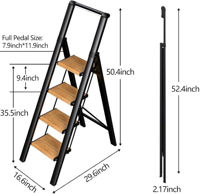 SOLADDER Step Ladder 4 Step Folding Stool with Anti-Slip Widened Sturdy Pedal and Handgrip, Portable Lightweight Aluminum Ladder for Home,Kitchen,300 lbs Capacity-Black+Woodgrain