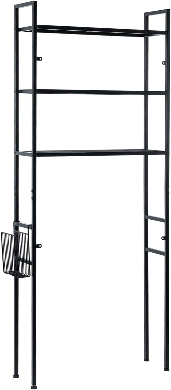 MyGift 3 Tier Over The Toilet Storage, Freestanding Bathroom Organizer Shelf, Above Toilet Rack with Removable Magazine Holder Basket, Black Metal Cabinet for Laundry Space Saver, 26.4x7.8x63.6 Inch