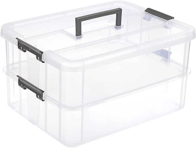 JUXYES 2-Tiers Stack Carry Storage Box With Handle, Transparent Stackable Storage Bin With Handle Lid Latching Storage Container for School & Office Supplies