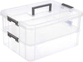 JUXYES 2-Tiers Stack Carry Storage Box With Handle, Transparent Stackable Storage Bin With Handle Lid Latching Storage Container for School & Office Supplies