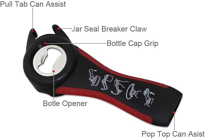 Professional Multi Bottle Opener, 5 In 1 Jar Bottle Can Opener, Lid Twist Off Gripper,Soft Grips Handle,Multifunction Opener (Black-red)