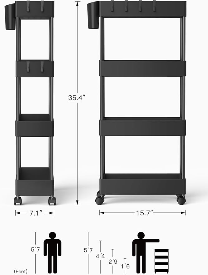 Pipishell Slim Storage Cart with Wheels - Bathroom Cart Organizer Storage, 4 Tier Rolling Carts for Bathroom, Laundry Room, Kitchen, Narrow Space, Black PIUC05