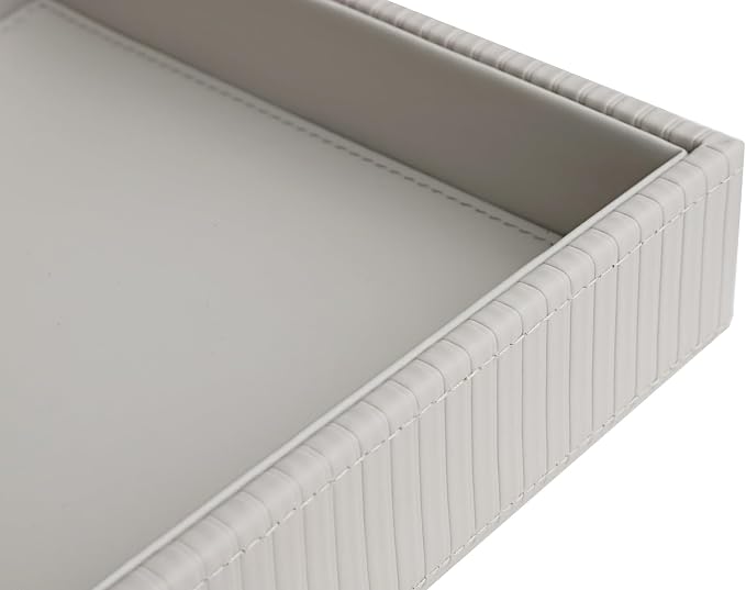 HofferRuffer Faux Leather Vanity Tray, Elegant Desktop Storage Organizer, Decorative Catchall for Perfume, Bathroom Valet, Nightstand or Dresser, 10.2 x 8.4 x 1.8 inches (Grey Stripe)
