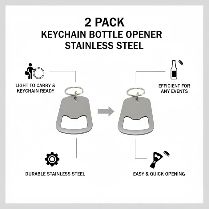 Gadgetime USA 2 Pieces of Sleek Grip Stainless Steel Bottle Opener Keychain Set – Ultra-Compact Flat Cap Remover for Beer & Soda, Pocket-Friendly Bar Tool