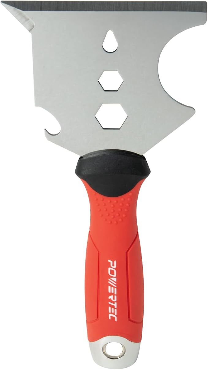 POWERTEC 9-in-1 Painter's Tool w/ 4 Inch Stainless Steel Putty Knife | Straight Scraper, Grout Remover, Roller Cleaning, Can Opener, Bottle Opener, Nail Puller, Screwdriver, 3/8" & 1/4" Wrench (72068)