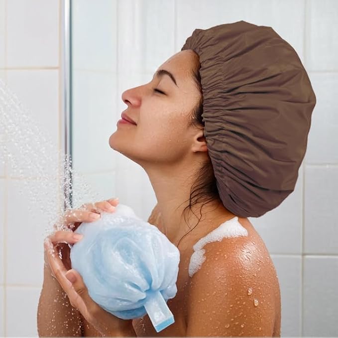 Reusable Shower Cap for Women, Large Waterproof Shower Bonnet with Elastic Band, Washable Bath Hair Cap for Long, Curly Hair, Braids, Daily Shower, Home Spa, Travel(Brown)