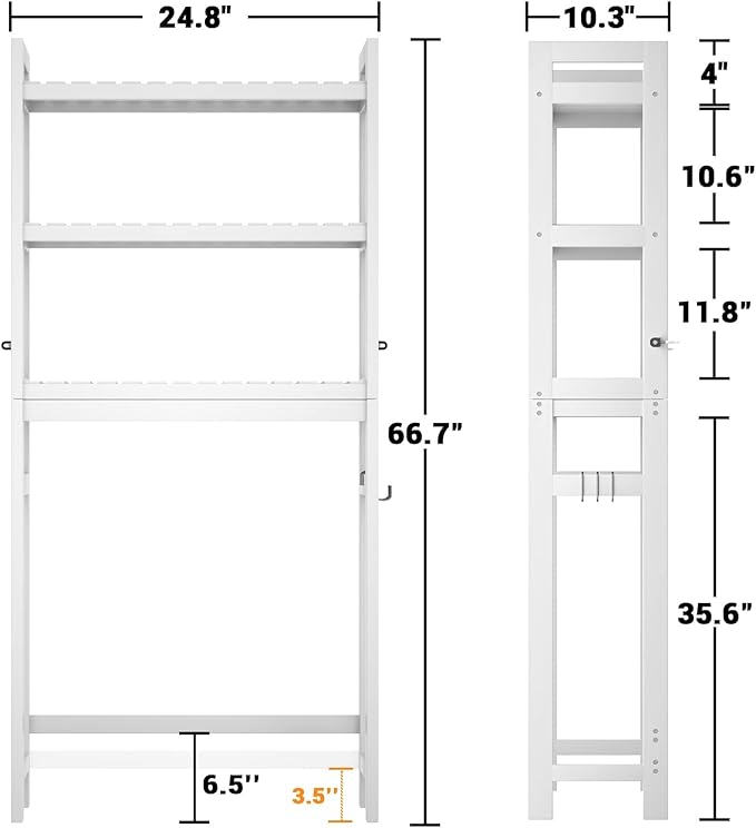 Homykic Over The Toilet Storage, Bamboo Over Toilet Bathroom Organizer Rack, Freestanding Bathroom Shelves Above Toilet Storage with 3 Hooks, Bathroom Space Saver, No Rust, Easy to Assemble, White