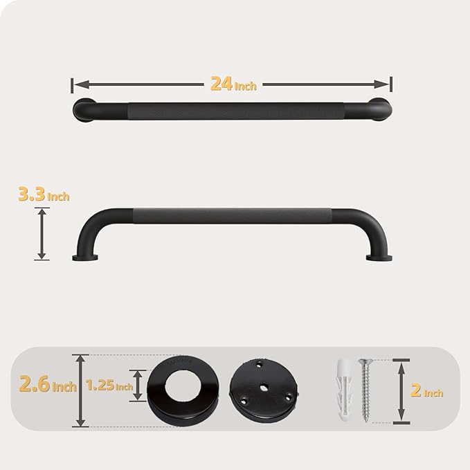 24 Inch Shower Grab Bar, Bathroom Grab Bar Handle with Anti-Slip Knurled Grip, Stainless Steel Bath Balance Bar, 1.25" Diameter Bath Safety Bar Support for Seniors Elderly Pregnant, Matte Black