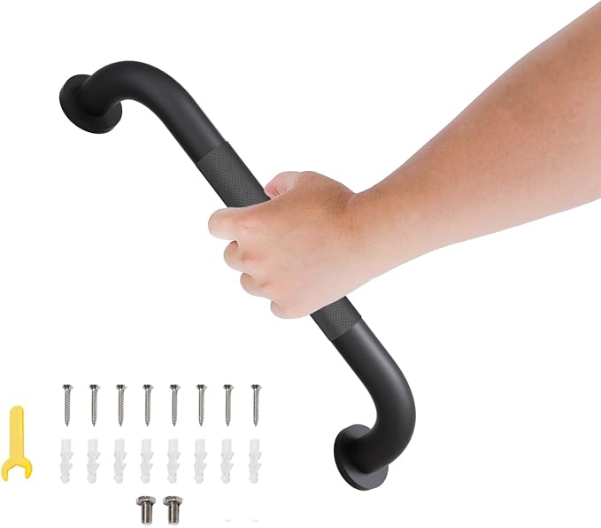 12 Inch Shower Grab Bar, Matte Black Bathroom Grab Bar Handle with Anti-Slip Knurled Grip, Stainless Steel Bath Balance Bar, 1.0" Diameter Bath Safety Bar Support for Seniors Elderly Pregnant