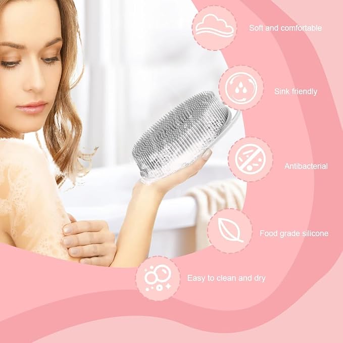 Silicone Body Scrubber, Exfoliating Silicone Loofah, Soft Silicone Body Shower, 2 in 1 Bath and Shampoo Brush, Body Scrubber Shower Cleaning for Sensitive Skin, Lather Well 2 PCS Grey and Pink