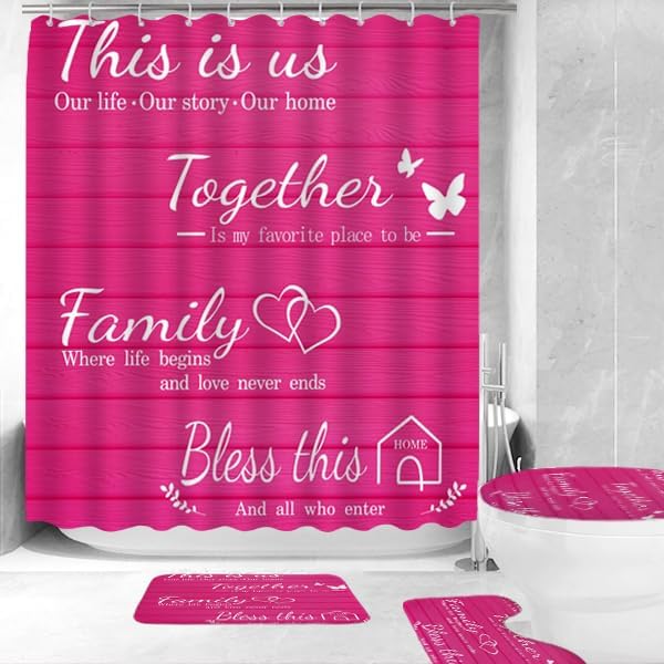 4Pcs Family Shower Curtain Sets with Non-Slip Rugs, Toilet Lid Cover and Bath Mat, Pink Home Bathroom Decor Set Accessories Waterproof Shower Curtains with 12 Hooks, 72 x 72 Inch