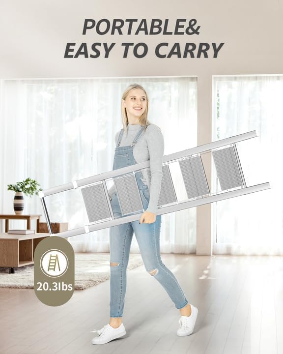 SOLADDER 5 Step Ladder, Folding Step Stool, White Foldable Iron Ladder for 10 Foot High Ceiling with Anti-Slip Wide Sturdy Pedal and Handgrip, Multi-Use for Home (300 lbs Capacity)
