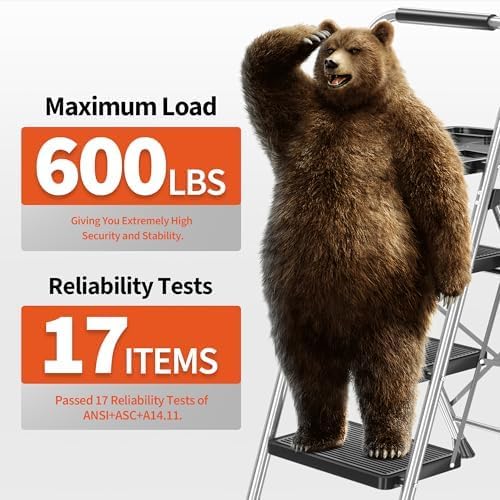 DIAMONDFORGE 3-Step Ladder Folding Step Stool with Tool Platform & Anti-Slip Wide Pedal, Heavy Duty Steel Construction, 600 lbs Capacity for Home & Office, Grey