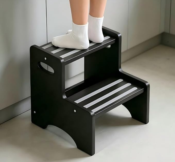 Wooden Toddler Step Stool for Kids, Two Step Stool with Non-Slip Pads & Handles, Potty Training Stool for Bathroom Sink, Toilet, Kitchen, Bedroom (Black)