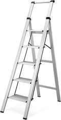 HBTower 5 Step Ladder, Aluminum Ladder with Handrails, Folding Step Stool for Adults, 330LBS Capacity Sturdy& Portable Ladder for Home Kitchen Library Office, Sliver