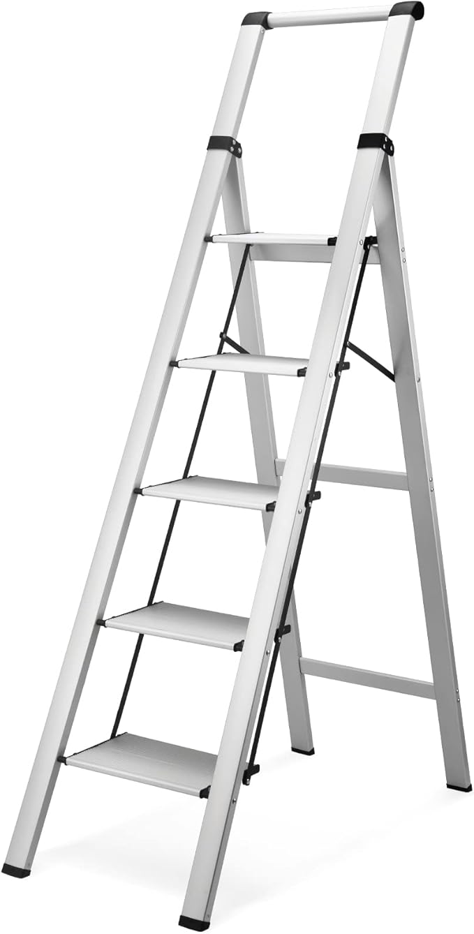 HBTower 5 Step Ladder, Aluminum Ladder with Handrails, Folding Step Stool for Adults, 330LBS Capacity Sturdy& Portable Ladder for Home Kitchen Library Office, Sliver