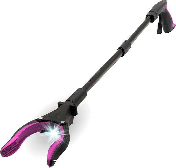 Grabber Reacher Tool-Long 32 Inch Aluminum Foldable Pick Up Stick-Strong Grip Shelves LED Light Magnetic Tip, Lightweight Trash Picker Claw Reacher Grabber Tool for Elderly - by Luxet (32 Inch, Pink)