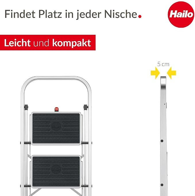HAILO K70 StandardLine 2-Step Ladder – Foldable Steel Step Stool with Safety Lock, Wide Non-Slip Mats, 330 lb Capacity, Compact Storage, Carry Handle, Stable for Home, Kitchen, Office – Silver