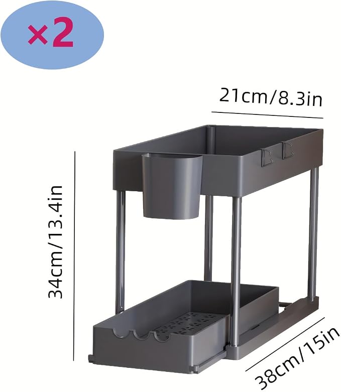 2 Pack Under Sink Organizers and Storage, 2-Tier Sliding Cabinet Organizer Drawer for Bathroom and Kitchen – Multi-Purpose Cabinet Organizer with Easy Pull-Out Design (Grey)