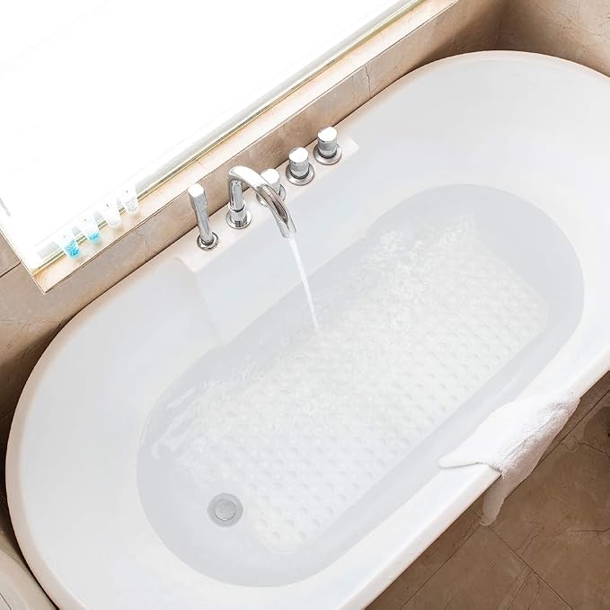 Tree Bud Bathtub Mats for Shower Tub Non-Slip Bath Mat 39 x 16 Inch Extra Long Shower Mat, Bath Tub Mat for Bathroom with Machine Washable, BPA Free for Kids (White)