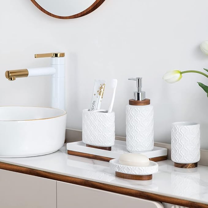 RQYIXI Bathroom Accessories Set 6 Pcs Ceramic Wooden Bathroom Set with Soap Dispenser Toothbrush Holder Tray Tumbler Soap Dish Trash Can（White）