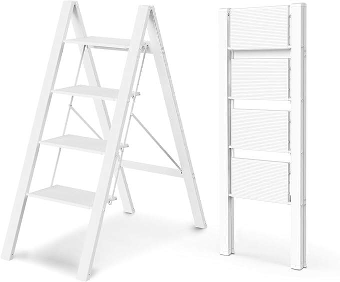 WOA WOA 4 Step Ladder, Foldable Step Stool, Aluminum Lightweight Ladder for Home Kitchen Closet, Anti-Slip Pedals, Ease of Folding, Portable, 300lbs Capacity - White