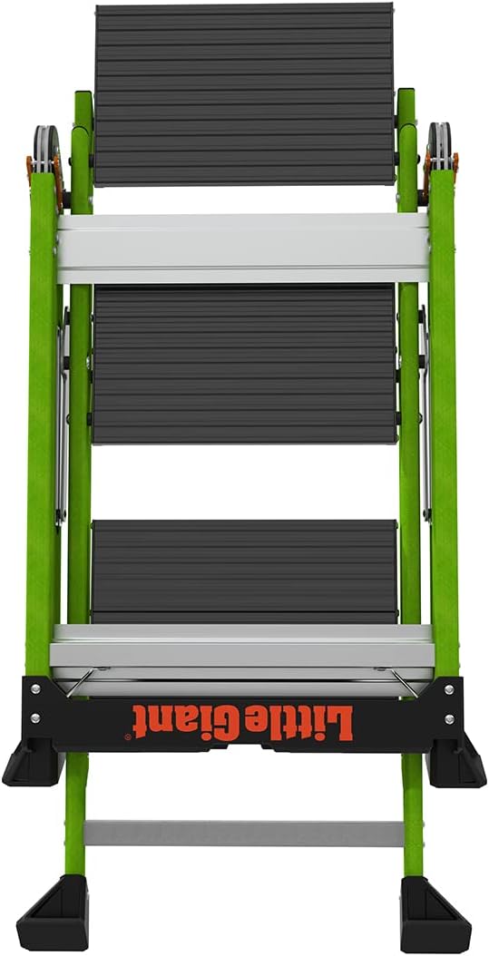 Little Giant Jumbo Step 3-Step Foldable 3-Ft Fiberglass Stool, Non-Conductive, Hi-Viz Green Rails, Extra-Wide Stair-Like Treads, Rotating Handrail, 375 lb. Type IAA, 11933