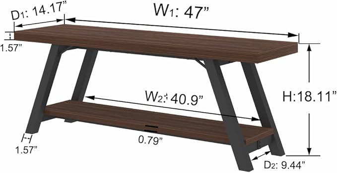 LVB Wood Entryway Bench, Industrial Metal Indoor Shoe Rack, Wooden Storage Bench for Bedroom, Farmhouse Hallway Seating, Walnut, 47 Inch