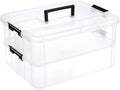 JUXYES 2-Tiers Stack Carry Storage Box With Handle, Transparent Stackable Storage Bin With Handle Lid Latching Storage Container for School & Office Supplies