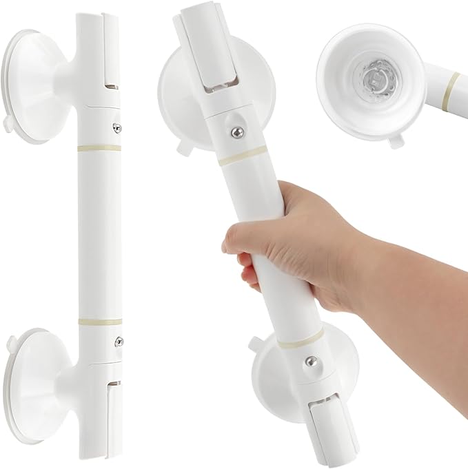 Suction Cup Grab Bar for Shower & Bathtub, 13.78 Inch No Drill Bathroom Safety Handrail, 220lbs Heavy Duty Removable Grab Bar with Glow-in-The-Dark Strip, Anti-Slip Grip