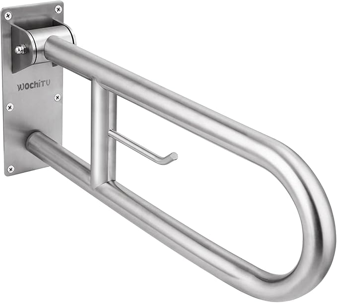 23.6 INCH Stainless Toilet Safety Rails, WochiTV Handicap Grab Bars for Elderly, Disabled Flip-Up Bathroom Grab Bar with Paper Holder,Toilet Handrails Hand Grips Handle Shower Assist Aid