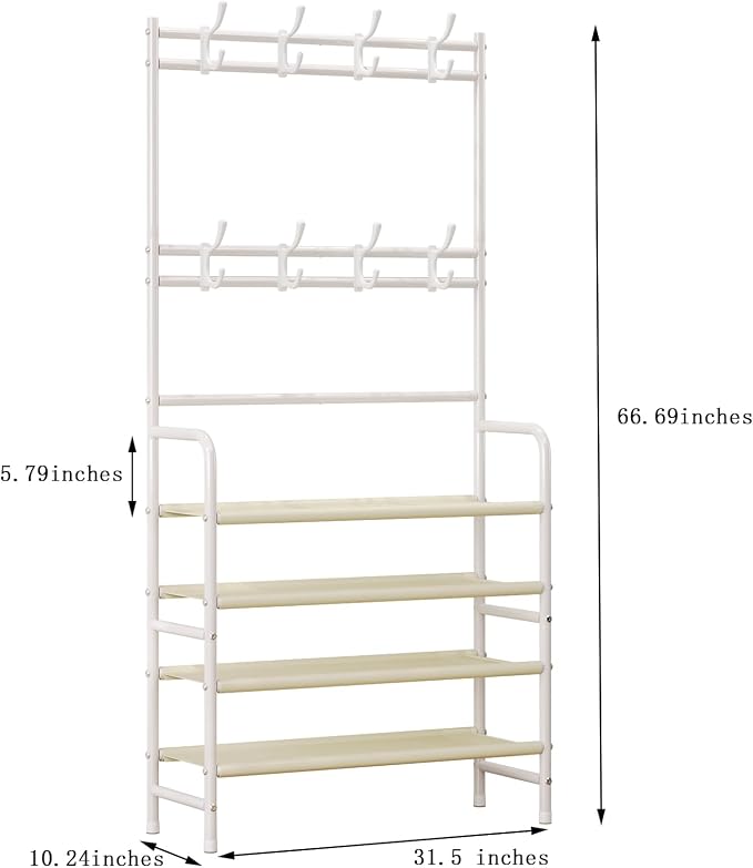 Coat Rack Shoe Rack With Storage Shelf Freestanding with 8 Hooks for Entryway Bedroom Closet (White, 4Tiers)