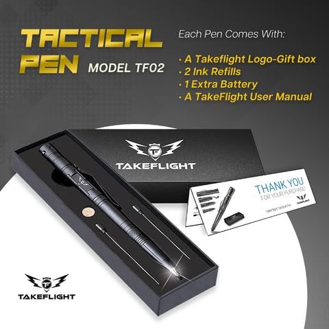 Tactical Pen – Self Defense Survival EDC Pen with LED Flashlight, Glass Breaker & Bottle Opener – Military Multitool Pen for Men & Women – Veteran-Owned TakeFlight – 2 Ink Refills + Extra Battery