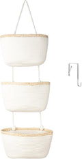 TeoKJ Over the Door Hanging Basket, 3-Tier Woven Cotton Wall-Mounted Storage Organizer Bag Decorative Hanging Nursery Baskets, White & Light Brown