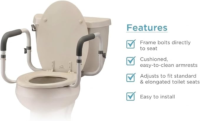 NOVA Toilet Safety Hand Rails – Adjustable Padded Armrests, Removable Aluminum Toilet Support Handles for Seniors & Mobility Assistance, Fits Standard & Elongated Toilets, 300 lb Capacity