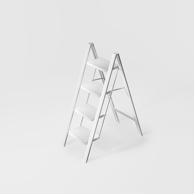 White Step Ladder White 4 Step Folding, Sturdy 330 Lbs Small Step Stool for Adults, Closet Step Stool Ladder with Anti-Slip Wide Pedals, Portable Folding Ladder for Home Kitchen Office