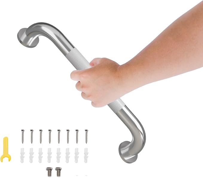 12 Inch Shower Grab Bar, Bathroom Grab Bar Handle with Anti-Slip Knurled Grip, Stainless Steel Bath Balance Bar, 1.0" Diameter Bath Safety Bar Support for Seniors Elderly Pregnant, Brushed Nickel
