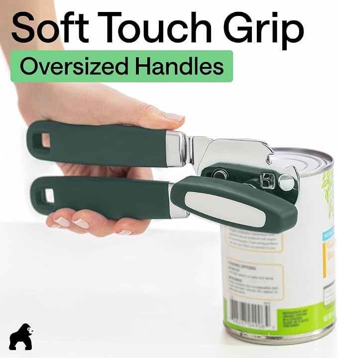 GORILLA GRIP Heavy Duty Stainless Steel Smooth Edge Manual Can Opener and Bottle Openers, Soft Comfortable Handle, Oversized Handheld Turn Knob, US Designed Multifunctional Kitchen Tool, Hunter Green