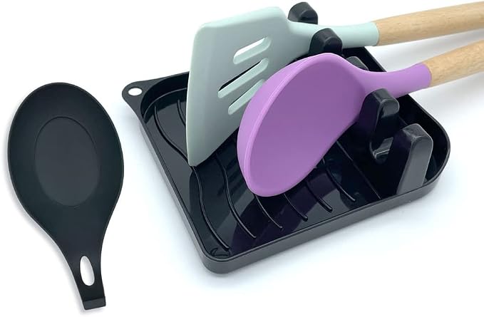 2 Pack Multiple Utensil Spoon Rest with Drip Pad Non-Slip Heat Resistant Kitchen and Grill Spoon Holder for Spatula, Ladle, Tongs, Kitchen Gadgets, and Cooking Accessories (Bright Black)