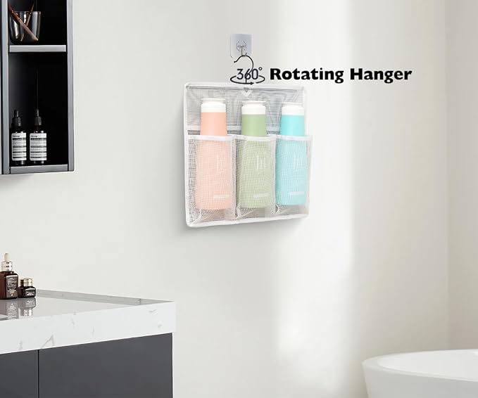 ALYER Mesh Shower Organizer,Shower Caddy with Rotating Detachable Metal Hanger, Quick Dry Bathroom Storage for Toiletry Accessories, Portable Shower Bag for RV,Dorm,Gym and Travel (White)