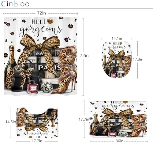 4Pcs Brown Leopard Shower Curtain Set, Cheetah Bathroom Curtain with Rug, Toilet Lid Cover, Bath Mat, Fashion Luxury Magazine Books Perfume High Heels Girly Shower Curtain with 12 Hooks